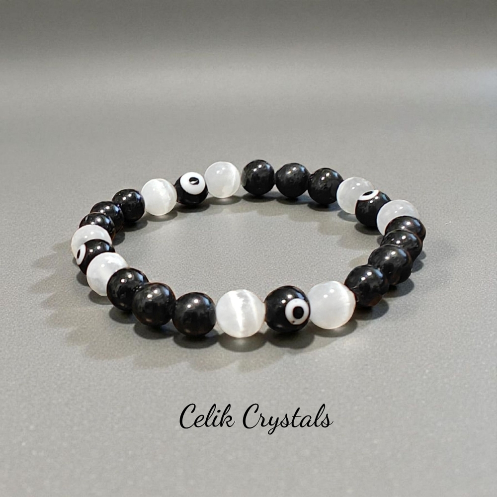 Black Tourmaline Selenite Evil Eye Bracelet 8mm